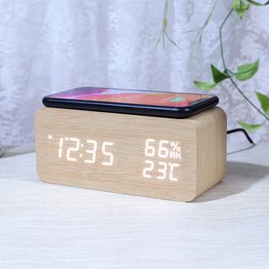 Bureau tafel klokken digitale klok houten alarm draadloos opladen voor slaapkamer led display thermometer vochtigheid 230815