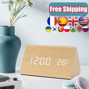 Horloges de table de bureau Horloge numérique en bois LED Réveil USB/AAA Alimenté Contrôle du son Montres électroniques Thermomètre Chambre Décoration Table Decor24327