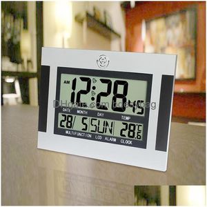 Horloges de table de bureau Réveil électronique numérique Grand calendrier LED Affichage du compteur de température Bureau à domicile Mur Drop Livraison Jardin Dhlxk