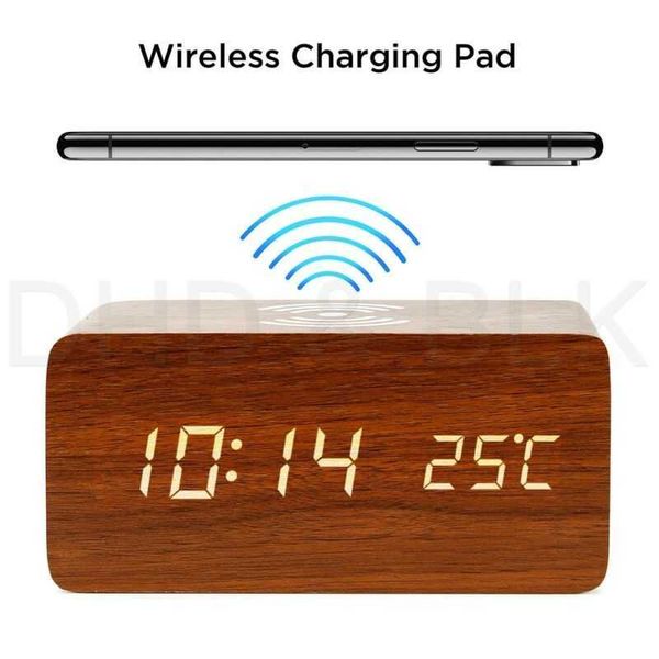 Relojes de mesa de escritorio Reloj despertador LED eléctrico con cargador inalámbrico de teléfono Creativo de madera con teléfono inalámbrico Qi Reloj de termómetro digital de carga AA230515