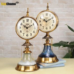 Relojes de mesa de escritorio, reloj europeo, adornos para el salón, luz americana, aguja silenciosa Retro grande de lujo