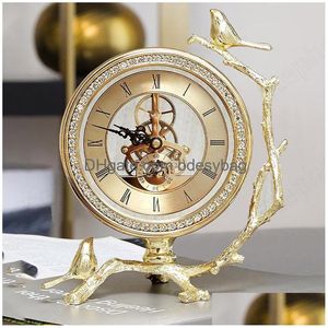 Relojes de mesa de escritorio Reloj de pájaro dorado europeo Vintage Clásico Dorado Sala de estar Adornos de escritorio Oficina Librería Decoración Dro Dhlvb