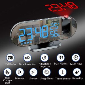 Relojes de mesa de escritorio Radio FM LED Proyección digital Relojes de alarma para dormitorio 180 Proyector Reloj de despertador Carga USB Modo de repetición Relojes de escritorio x0719