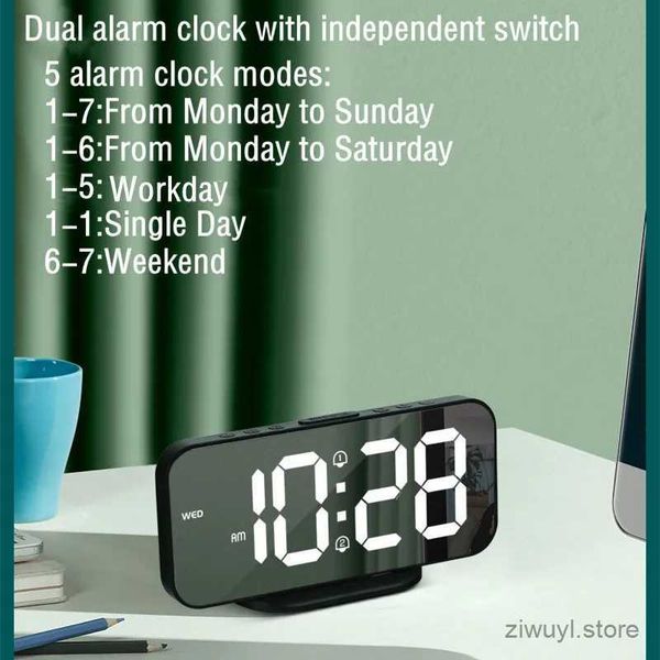 Horloges de table de bureau HD Miroir d'alarme Journée numérique de la semaine Mode de nuit Affichage Night Snoke Table Clock 12 / 24h Double alarme USB Sortie
