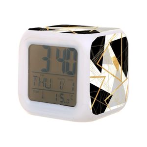 Relojes de mesa de escritorio Reloj despertador para niños Geométrico negro y dorado Digital con función de termómetro Luz nocturna de 7 colores para Bo Carshop2006 Amhga