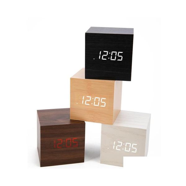 Relojes de mesa de escritorio, Mini reloj despertador Digital Led de madera, decoración de escritorio con brillo Retro de madera, Control de voz, función Sn, calendario Drop Delive Oto1Z