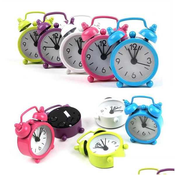 Relojes de mesa de escritorio Mini reloj despertador de metal Color caramelo Redondo Vintage Decoración electrónica para el hogar 4 cm Entrega de gota Jardín Dhgarden Dhecm