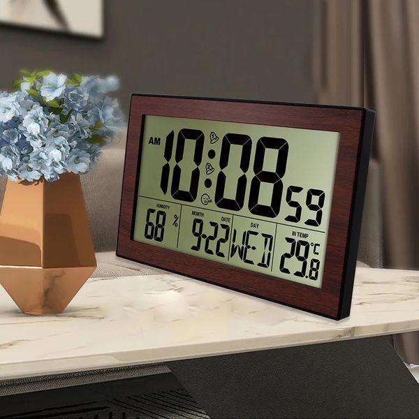 Horloges de table de bureau Horloge murale multifonctionnelle Grand écran LCD Alarme numérique avec thermomètre Hygromètre Décoration de bureau à domicile 231124