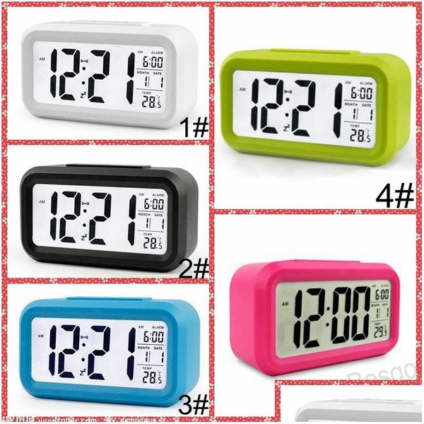 Relojes de mesa de escritorio Plástico Mute Despertador LCD Temperatura inteligente Lindo Posensible Cabecera Digital Sn Luz nocturna Calendario BH4298 Drop D DHXJC