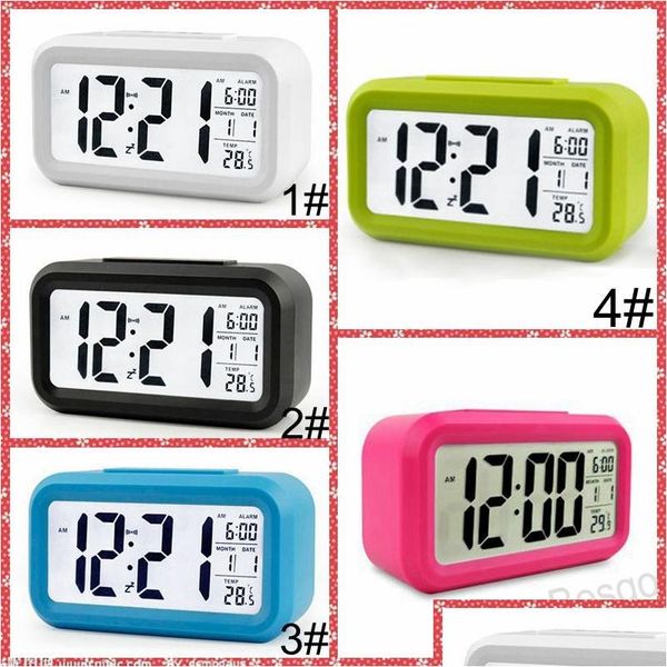 Escritorio Relojes de mesa Plástico Mudo Despertador Lcd Temperatura inteligente Lindo Posensible Cabecera Digital Sn Luz nocturna Calendario Bh4298 Drop Dhuyh