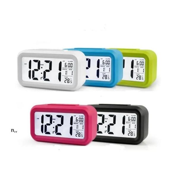 Horloges de table de bureau Réveil muet en plastique LCD Température intelligente Mignon Posensible Chevet Alarmes numériques Horloges Sn Veilleuse Calend Dhi3S