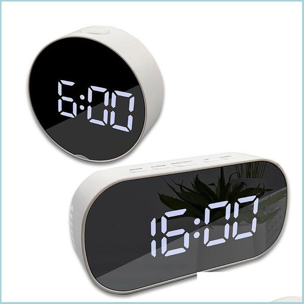 Relojes de mesa de escritorio Pantalla digital portátil Alarma Reloj de mesa Luz de noche Espejo redondo ovalado Led Relojes de cabecera grandes Entrega de gota Dhhys