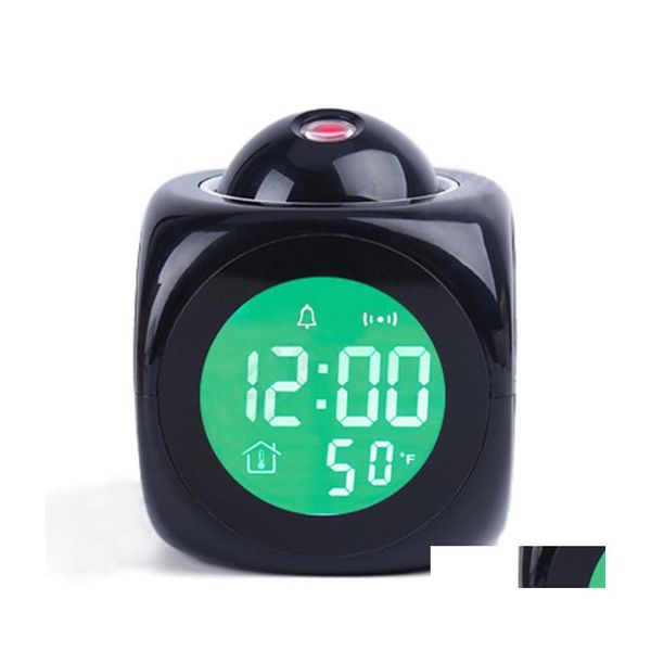 Relojes de mesa de escritorio Reloj despertador de proyección con lámpara LED Función de conversación por voz digital Pantalla de temperatura de pantalla de techo de pared 678 V2 D Dhx8A