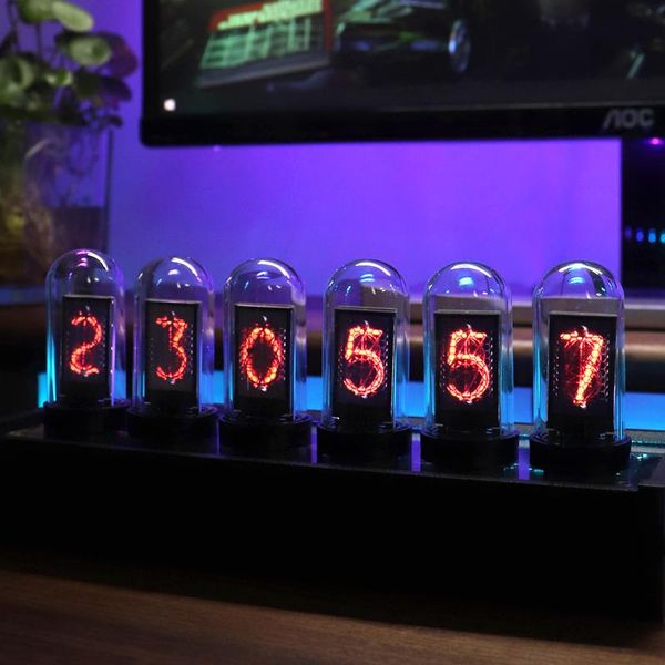 Relojes de mesa de escritorio, reloj de tubo LED RGB, Nixie Digital Vintage, pantalla Po de tiempo de 6 bits, módulo IPS Retro y decoración de cúpula de cristal