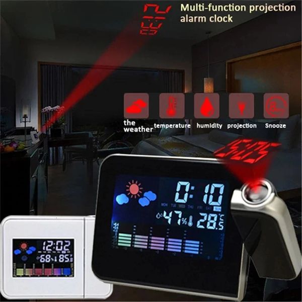 Relojes de mesa de escritorio Proyección cuadrada Tiempo digital LCD Snooze Despertador Proyector Pantalla a color Retroiluminación LED Escritorio 231124