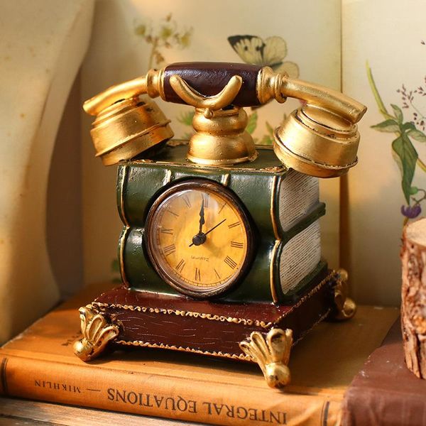 Relojes de mesa de escritorio, reloj Vintage, globo Retro, teléfono antiguo, violín, decoración del hogar, artesanía de resina para abuelo, decoración de oficina