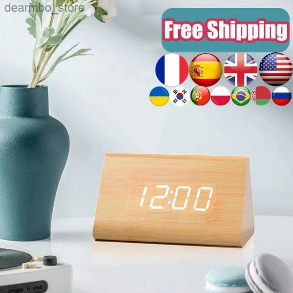 Relojes de mesa de escritorio Reloj despertador de madera LED Reloj digital de madera Decoración de mesa Control de voz Relojes de escritorio electrónicos con alimentación USB/AAA Decoración de escritorio24327