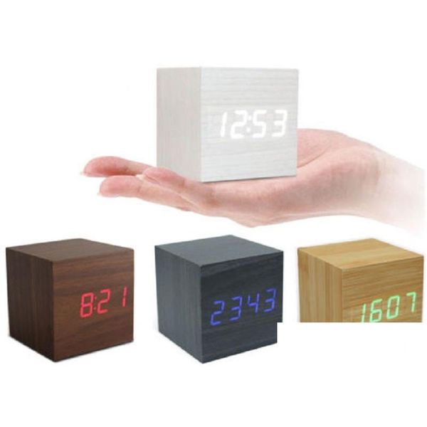 Relojes de Mesa de Escritorio Reloj de Estilo de Madera Relojes Cubo Led Control de Alarma Escritorio Digital Sala de Madera Hora Fecha Temperatura Función Inicio Drop D Dhuym