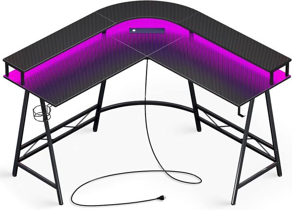 Bureau avec lumière LED et prise de courant, table d'angle familiale avec support pour écran, porte-gobelet et crochet, fibre de carbone noir