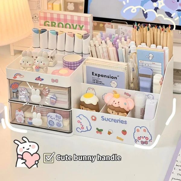 Bureau cosmétique boîte de rangement organisateur tiroir bureau support papeterie bureau porte-stylo lapin mignon Kawaii 240306