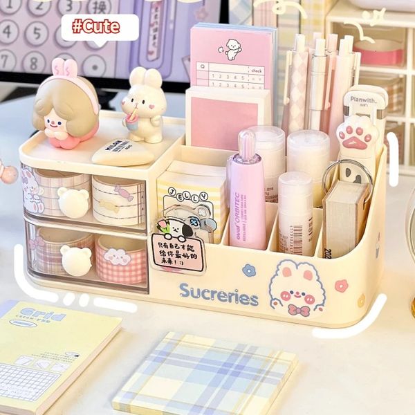 Organisateur de boîte de rangement de bureau Type de tiroir de poignée d'ours mignon Porte-stylo multigride avec autocollants kawaii 240415