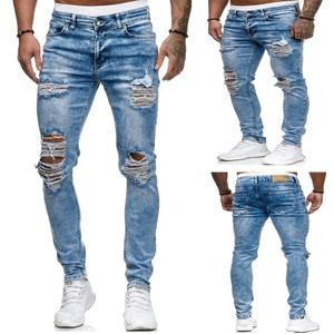 Jeans déchirés détruits hommes maigres hommes sexy trou stretch denim pantalon printemps mince crayon droit jeans pantalons longs mâle 201116