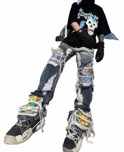 Destruti Brossed Wed Heavy Industry Broidered Loose Light Light Ripped Jeans Man Woman Bleached Pantalon Dyé Tide 098C #