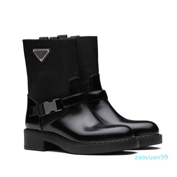 Desugner Botas de invierno Monolito Cuero cepillado Martin Botines Tobillo de nylon Chunky Lug Sole Party Top Marcas Mujeres Hebilla Botín de motocicleta EU35-41