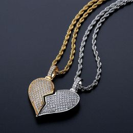 Afneembare gebroken hart kettingen luxe bling zirkoon paar kettingen mode goud zilver kleur hiphop mannen vrouwen kettingen