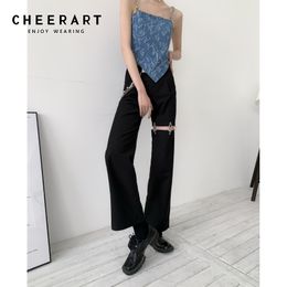 Détachable Designer Funky Noir Pantalon D'été Taille Haute Long Pantalon Pantalon Femmes Mode Y2k Vêtements 210427