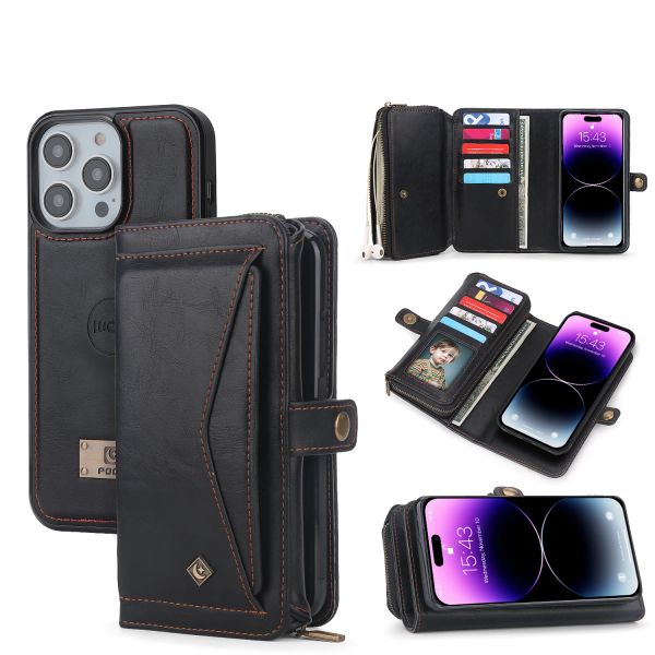 Funda de teléfono de cuero con cartera plegable desmontable para iPhone 11 12 13 14 15 Pro Max Mini X XR XS Max 7 8 Plus Funda magnética con cremallera