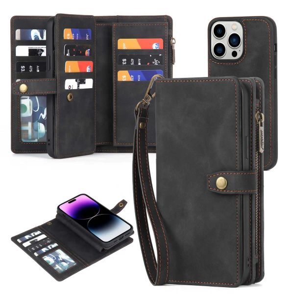 Funda de teléfono de cuero magnético desmontable para iPhone 12 13 11 14 15 Pro Max Plus X XS Correa de muñeca premium Cartera con cremallera Portatarjetas múltiples Funda de bolsillo