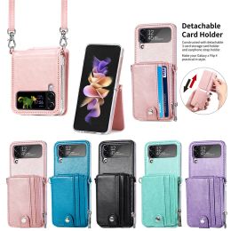 Étui portefeuille à fermeture éclair magnétique détachable pour Samsung Galaxy Z Flip 5 ZFlip 4 ZFlip5, bandoulière, lanière, porte-monnaie, fente pour carte, support en cuir