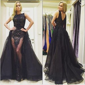 Afneembare trein zwarte kanten jurken avondkleding bateau zien hoewel rok applique wraps prom dress formele jurken landingsmode feestjurk