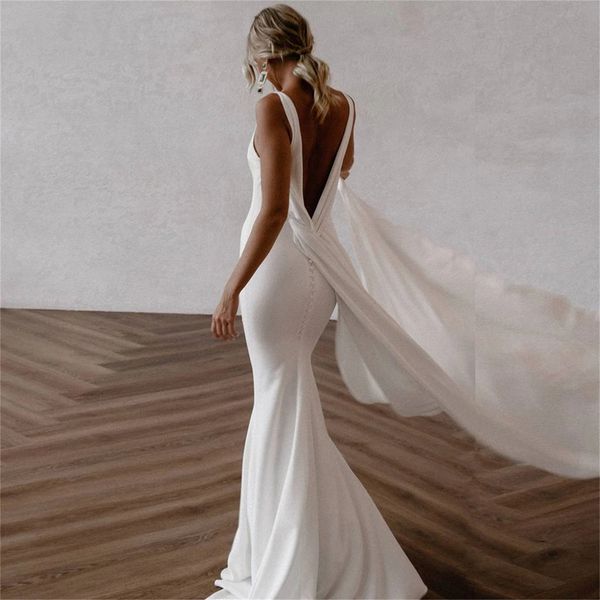 Robe de mariée sirène avec train détachable, col en V profond, en crêpe, sans manches, dos ouvert, robes de mariée simples, élégantes, sur mesure, 2024