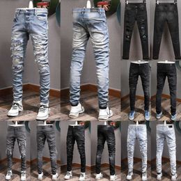 Mens Fashion Skinny Slim Fit Biker Jeans Moto Pour Hommes Vintage Denim Jean Pantscowboy Ripped Jean vêtements pantalons de survêtement