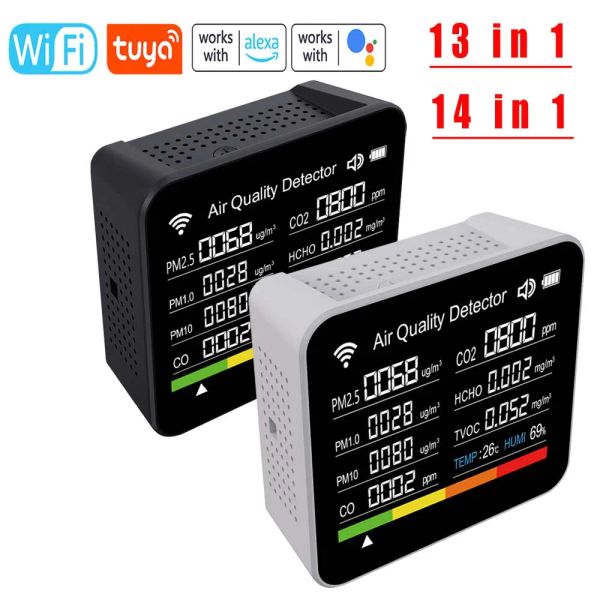 Detector 14 en 1/13 en 1 Monitor de calidad del aire Tuya Wifi CO/CO2 Detector Monitoreo en tiempo real Gran pantalla Kits de prueba de aire en el hogar Control de la aplicación