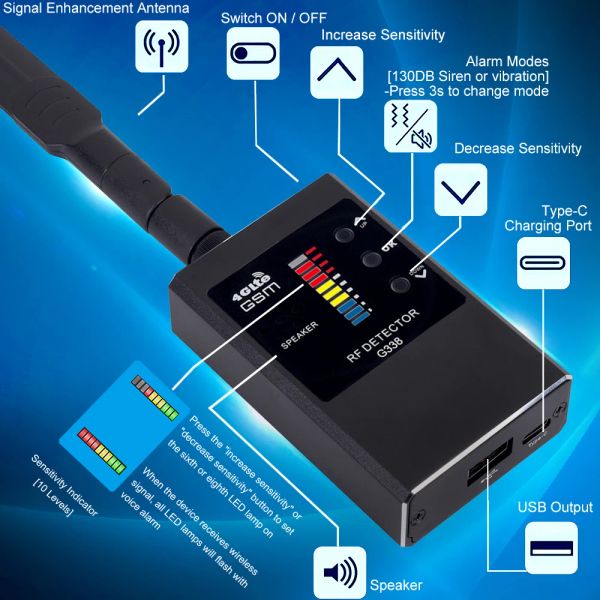 Détecteur G338 Hand Tendu Hand Anti-Detector Bug Mini Antipy GPS Signal sans fil Automatique Détecteur RF Locator Tracker Detect Wireless Camera