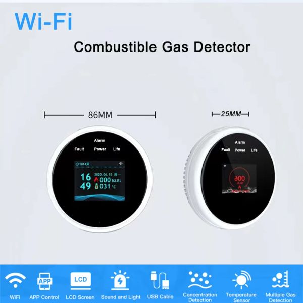 Detector LCD Pantalla de seguridad Fire Detector Tuya Wifi Sensor de fuga de gas LPG CH4 Alarma incorporada Aplicación Aplicación Recordatorio Control de la seguridad del hogar Smart