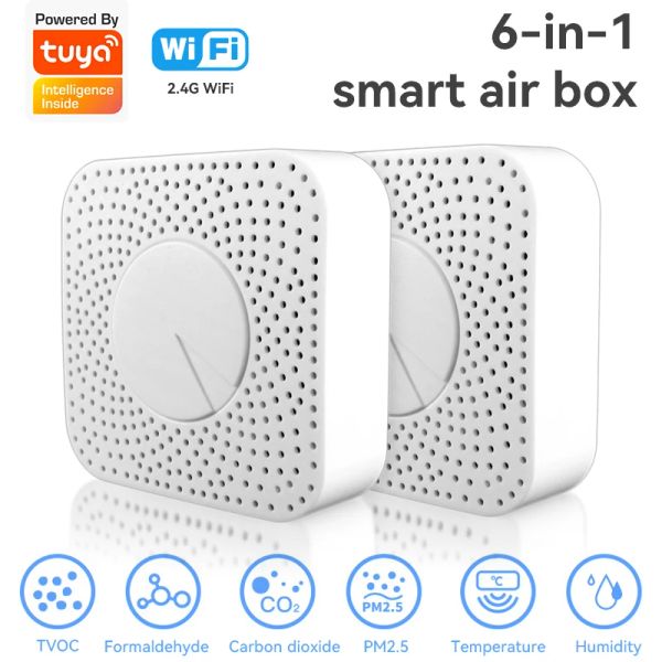 Detector Tuya Smart Home WiFi Smart Air Box Sensor Sensor Protección de seguridad Alarma CO2 VOC HCHO PM2.5 Monitor de calidad del aire para Alexa