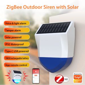 Détecteur Tuya Smart Wifi Solar Outdoor Sound Sound Light Sirène Détecteur Bluetooth Sound Alarm Remote Contrôle avec Pateway Hub