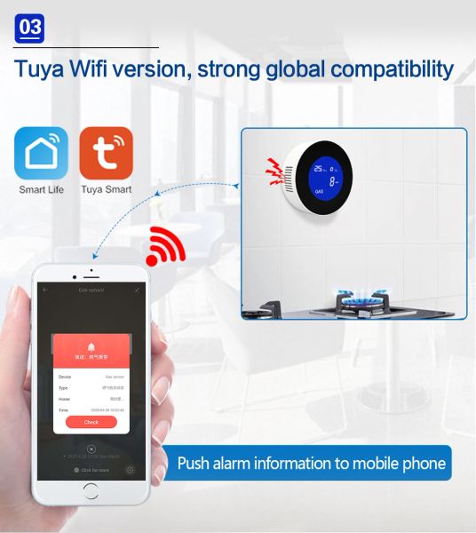 Detector Tuya Wifi Detector de gas SmartLife Control de aplicaciones Combustibles Sensor de alarma de fugas de gas natural para alarma de seguridad del hogar