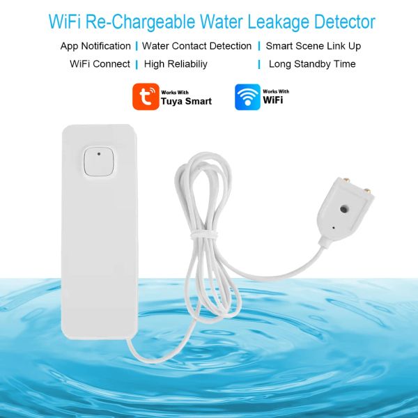 Detector Tuya Wifi Sensor de fuga de agua Recargable Inundación remota Detección Monitor Protección de la casa de alarma de Smarthome contra fugas de agua