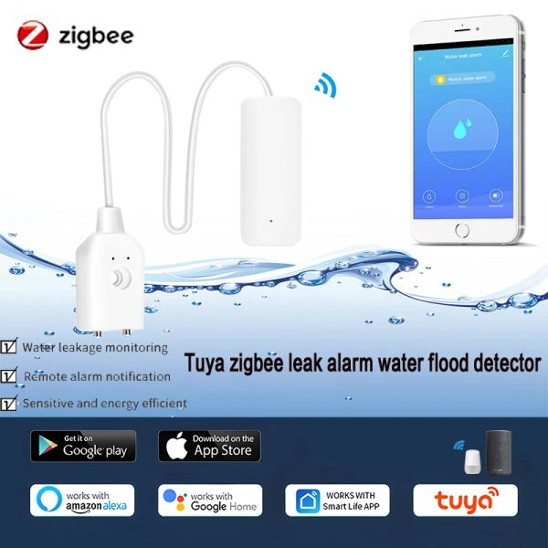 Detector Tuya Zigbee Flote Alarma Agua Dilipación Detector de inundación remota Sistema de seguridad de la alarma del sensor de fuga de inundación a través de Alexa Google Home