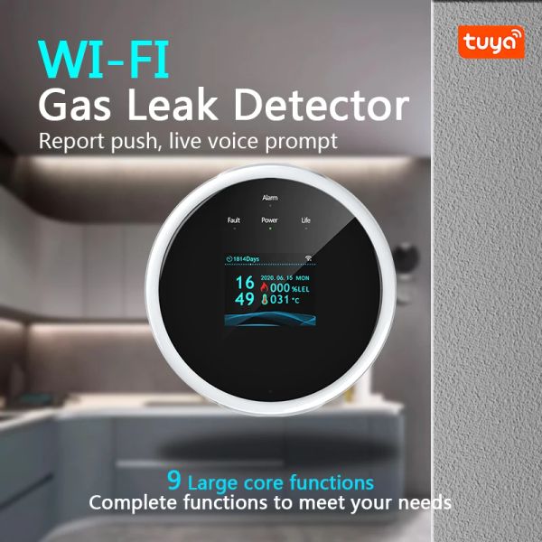 Detector wifi sensor de alarma de gas natural pantalla LCD LCD Fuga de tuya con función de temperatura Los detectores de gas combustibles admiten Home Smart Life