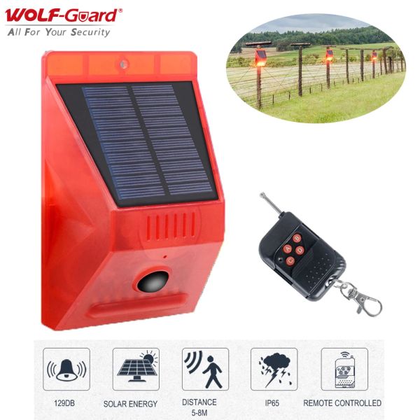 Détecteur Wolfguard 2 en 1 Alarme solaire PIR Détecteur 129 dB 8 LEDS Sirène imperméable extérieure Sirène Home Security Wireless Capteur Télécommande