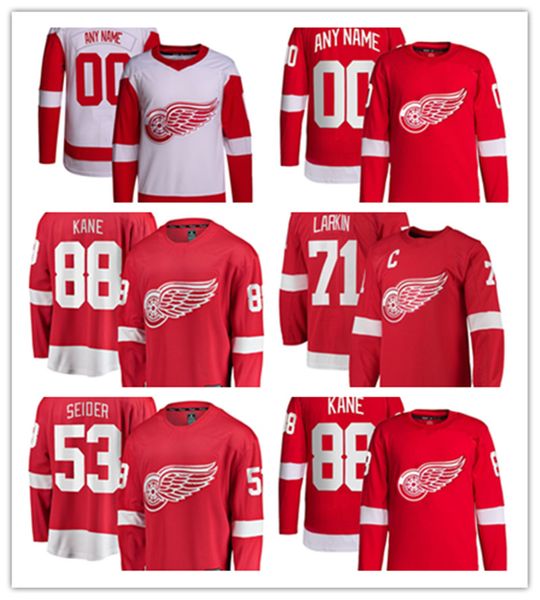 Detroit Custom Red Wings Hockey Jerseys 88 Patrick Kane 71 Dylan Larkin 53 Moritz Seider 23 Lucas Raymond 34 Alex Lyon 14 Robby Fabbri 41 Shayne Gostisbehere J.T.Comprobar