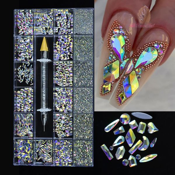 Dispositivo uñas 3D Tamaño mixto Glitter Arte de uñas Reíeles Hotfijo Flatback Crystal Glass Gems Box Kit