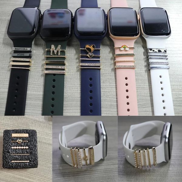 Dispositivos 10 Uds. De dijes de Metal, anillo decorativo, adorno de diamante para Apple Watch Band, reloj inteligente, correa de silicona, accesorios, pulsera Iwatch