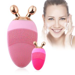 Apparaten 2 in 1 mini elektrische gezichtsreinigingsborstels Ball Roller Massager Oplaadbare siliconen Sonic exfoliërende gezichtsporiënreiniger